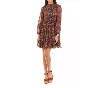 Women's Long Sleeve Mock Neck Medallion Print Chiffon A-Line Dress
 sz 8